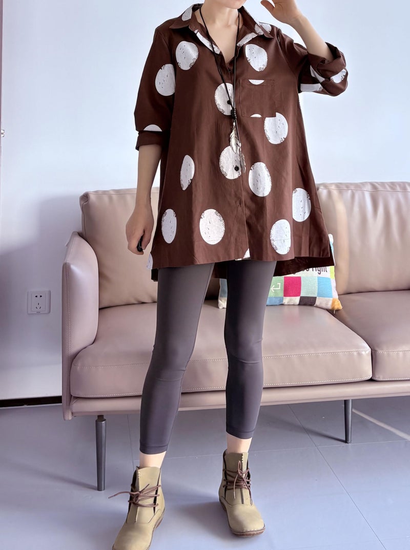 Minibee Women's Button Down Tunic Tops Polka Blouse Cotton Shirt (XL, Style1 Coffee) - Image 3